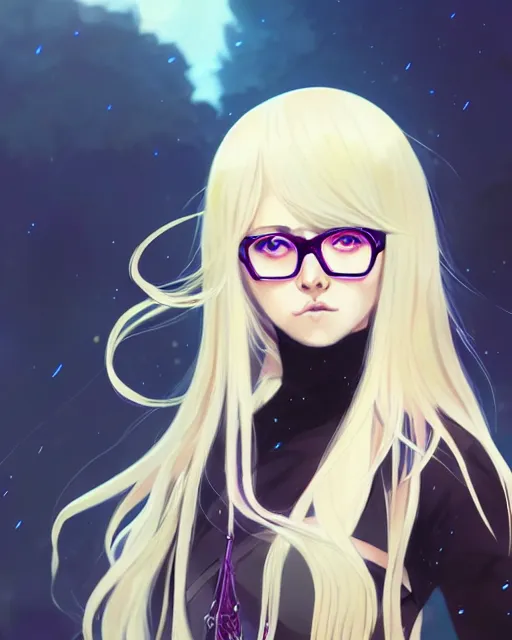 Prompt: attractive long blonde haired with bangs gothic magical girl anime character with glasses screenshot, anime, intricate, sharp focus, illustration, highly detailed, digital painting, cell shaded, concept art, matte, art by ilya kuvshinov and kyoto animation and wlop, anime character by ruan jia and greg rutkowski, studio quality, masterpiece