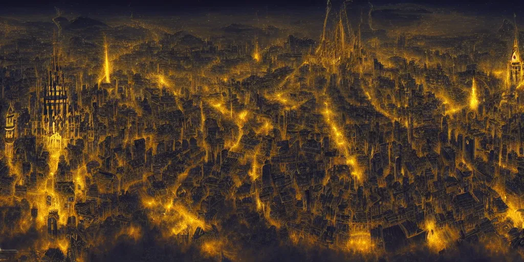 Image similar to magical city of the Great Tartarian Empire adorned with amazing lost technology, lights resembling fireflies, spires from rooftops collecting and distributing etheric energy, cityscape seen at night from above, combining intense detail & utmost quality, very complex, very coherent, bioluminiscent creatures by Christian Hecker, Artstation, - H 832