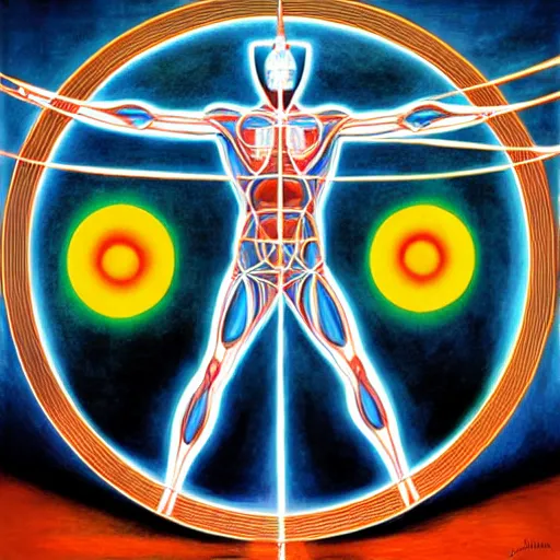 Prompt: ultraman vitruvian man by james jean and salvador dali