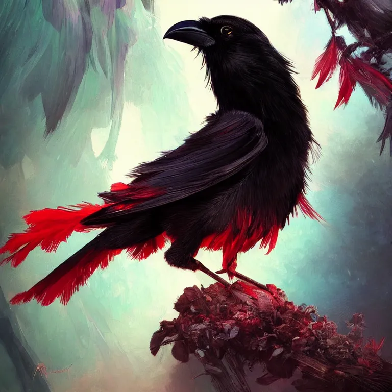 Prompt: beautiful black raven bird with long red feather highlights, cute, intricate, highly detailed, digital painting, trending on artstation, concept art, smooth, sharp focus, backlit, rim light, vivid colors, illustration, unreal engine 5, 8 k, art by rossdraws and alphonse mucha