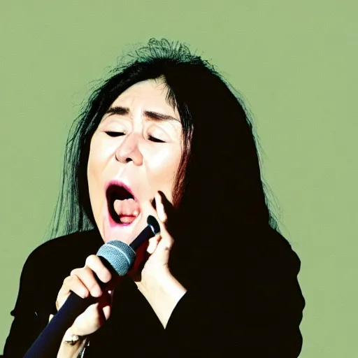 Prompt: yoko ono emitting a spiral galaxy sound wave from her mouth as she screams