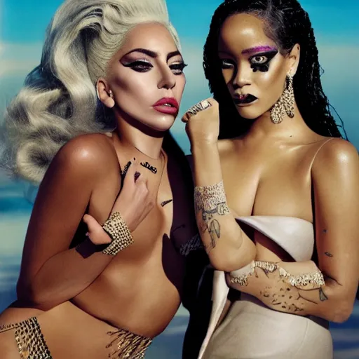 Image similar to lady gaga and rihanna photoshoot vogue magazin, highly realistic. high resolution. highly detailed. dramatic. 8 k. 4 k.