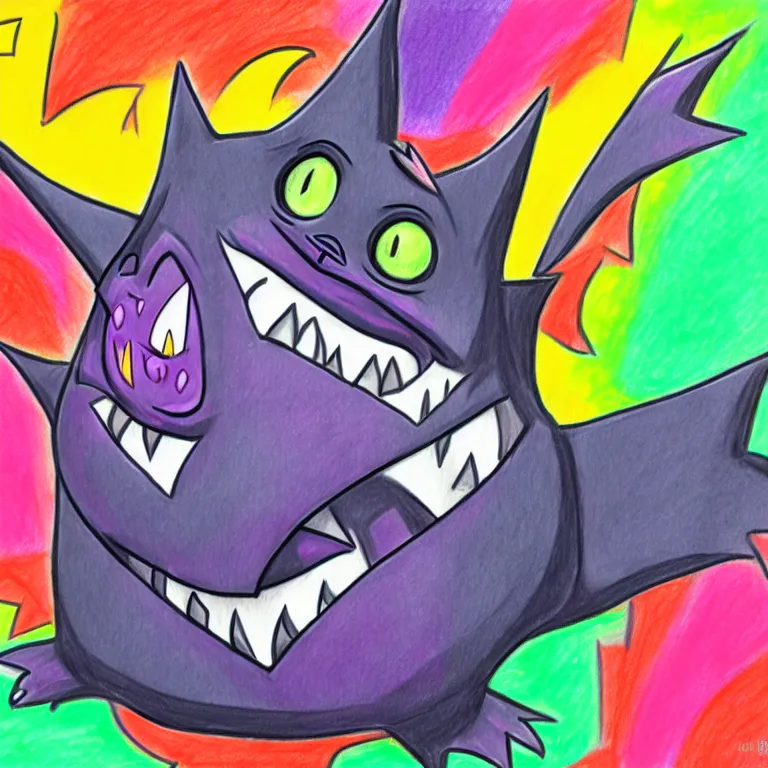Prompt: gengar transformation, colorful drawing, pencil, markers, black lines, vibrant, colorful, high detail