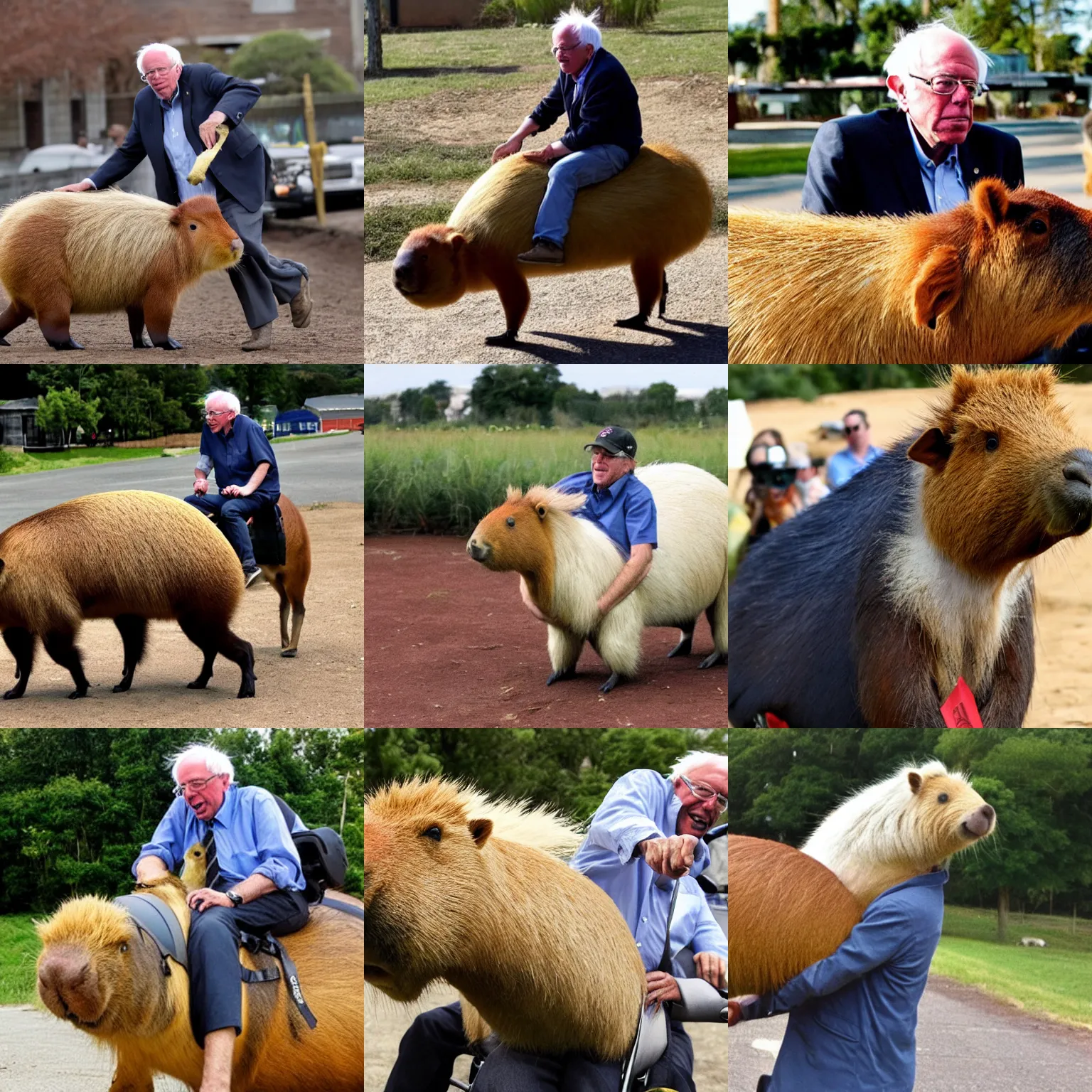 Prompt: Bernie Sanders riding a large capybara