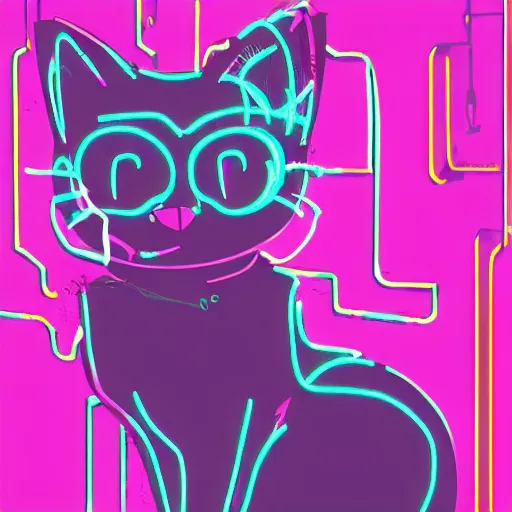 Prompt: melancholy kitty cat, neon, pink, cyberpunk, digital art, vibrant