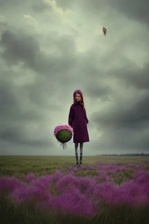 Prompt: portrait, enormous thistle flower head, girl wearing a coat in field, surreal photography, wind, cloudy sky, dramatic light, impressionist painting, digital painting, artstation, simon stalenhag