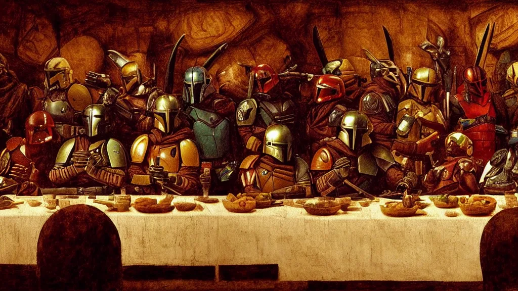 Image similar to mandalorian last supper, by leonardo davinci, concept art, oil painting, art station, dynamic lighting, highly detailed, very detailed, 4 k