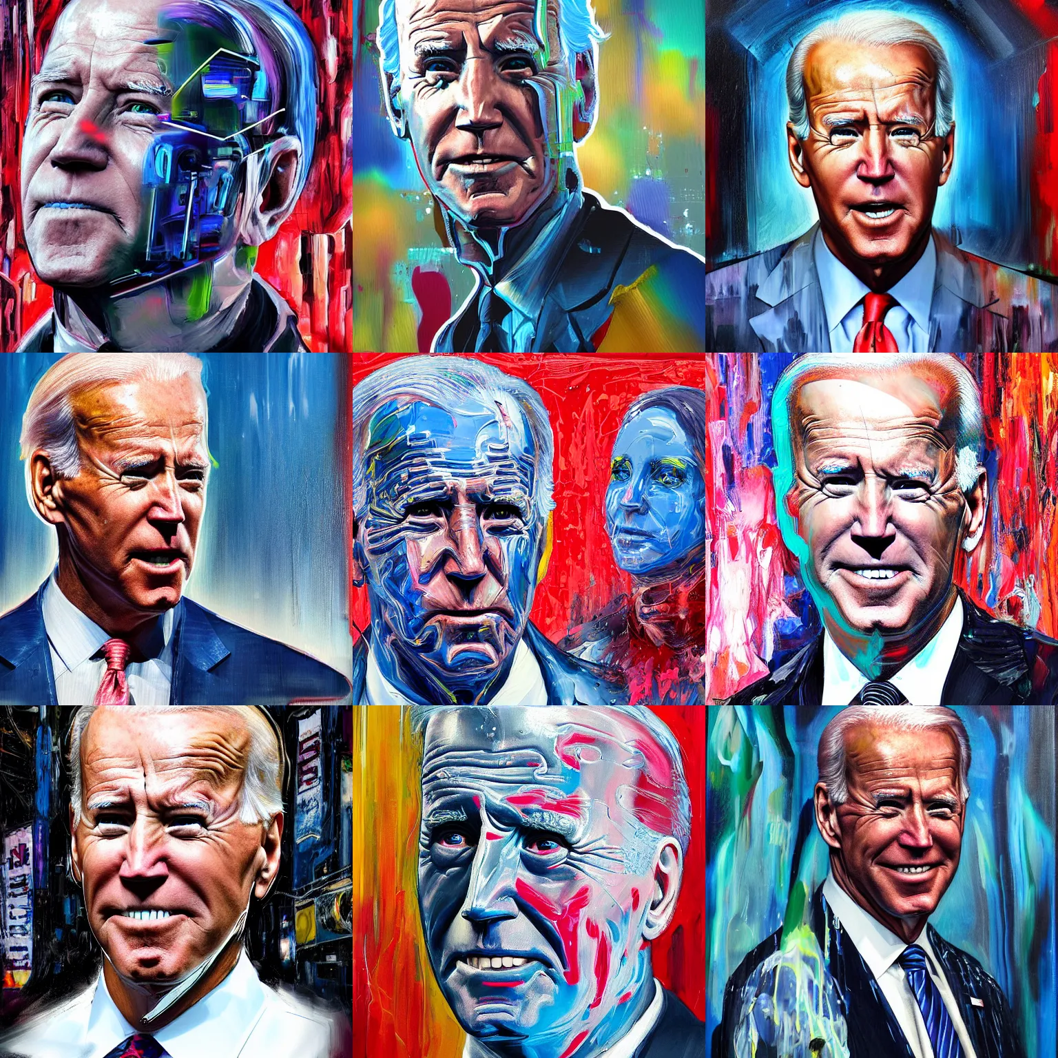 Prompt: cybernetic joe biden's face superimposed over the unwashed masses, dystopian, cyberpunk, dripping oil paint, thick brushstrokes, abstracted painterly techniques, high resolution