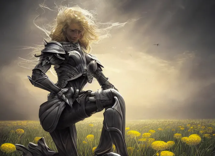 Image similar to a knightess kneeling on a field of dandelions, dramatic, wonderful shading, realistic perfect face, concept art, dynamic pose, digital illustration, trending on artstation, intricate details, epic composition, sharp focus, 8 k uhd, masterpiece, wlop, ross draws