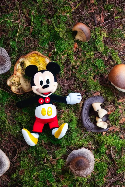 Prompt: in the center of the forest, a plush mickey mouse sits on a mushroom, super realistic, extremely high detail, cinematic 8k