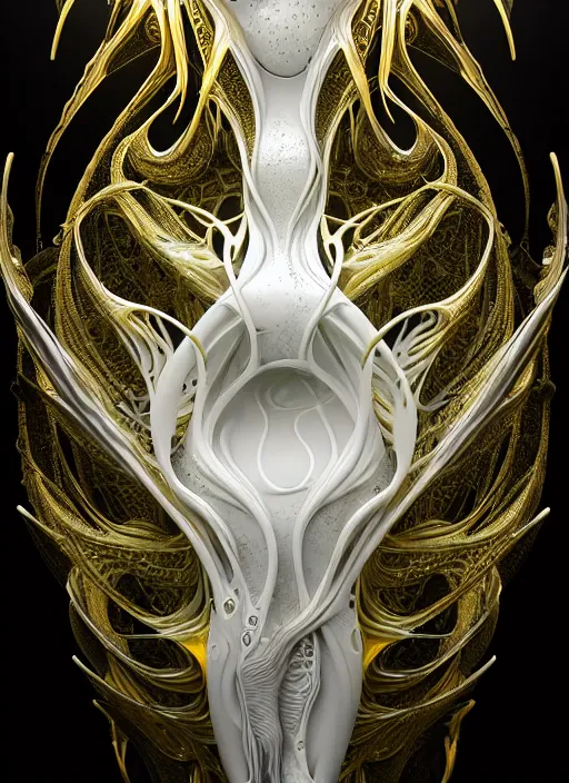 Prompt: abstract organic ornament in fluid creature, white and gold biomechanic plastic, glow lighting, fantasy, intricate, elegant, highly detailed, lifelike, photorealistic, octane render, 3d, concept art, smooth, sharp focus,