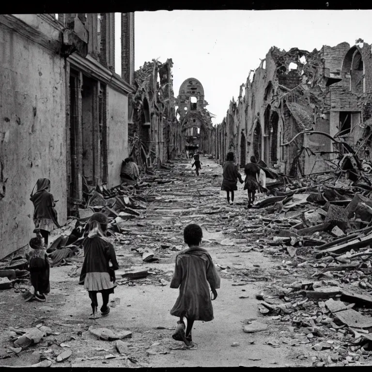 Image similar to homeless children walk through the ruins of the city, scary photo in color