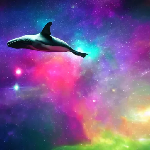 Image similar to A whale floating through the colorful cosmos containing multiple nebula, rendered in unreal engine 5