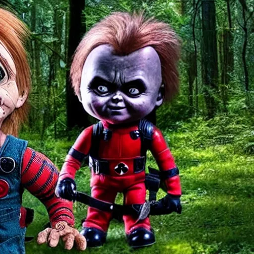 Prompt: chucky the doll and deadpool in the woods together 4 k detailed super realistic