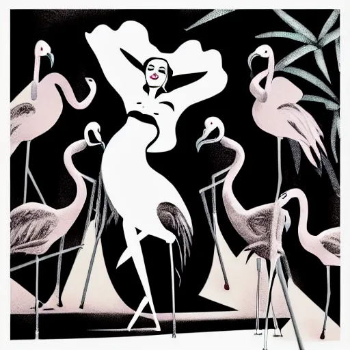 Prompt: A surreal comic noir illustration containing Dita Von Teese and Flamingos on a desert beach oasis by Salvador Dali, dark vibes, high contrast, pastel lighting, cinematic, depth of field, 8k