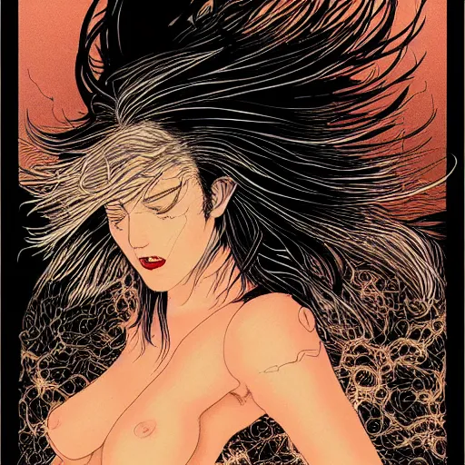 Image similar to portrait closeup of screaming black reflective glossy dark beautiful woman with lights hair, sensual pose, symmetrical, glitches, by yoichi hatakenaka, masamune shirow, josan gonzales and dan mumford, ayami kojima, takato yamamoto, barclay shaw, karol bak, yukito kishiro, moebius