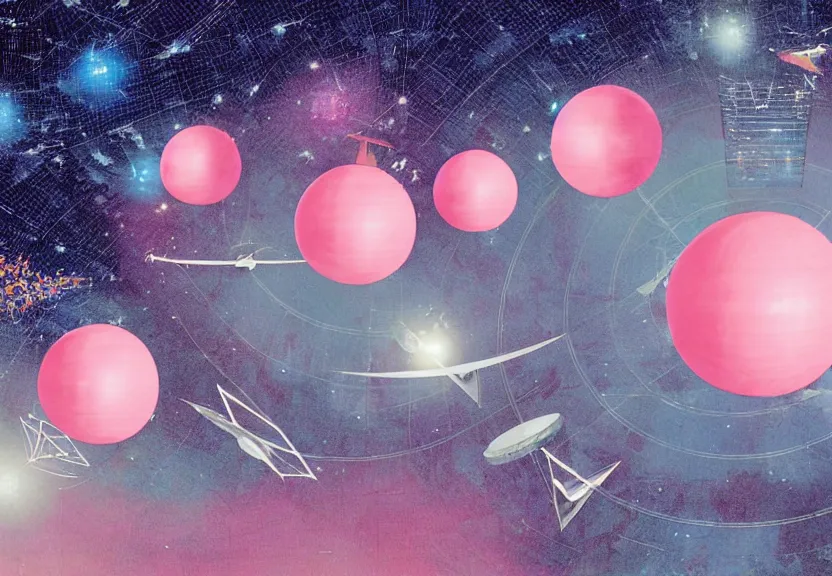 Prompt: 1990s grainy print of an illustration of celestial intersecting translucent pink spheres cubes and pyramids floating in space, dusty, with flying business people wearing suits and briefcases