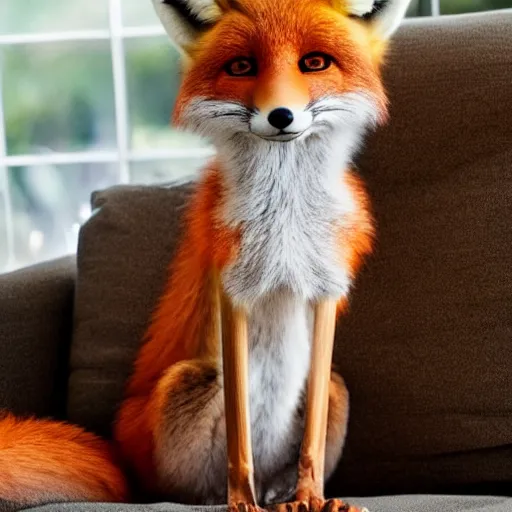 Prompt: an anthropomorphic fox wearing a t-shirt and leans, sitting on a couch