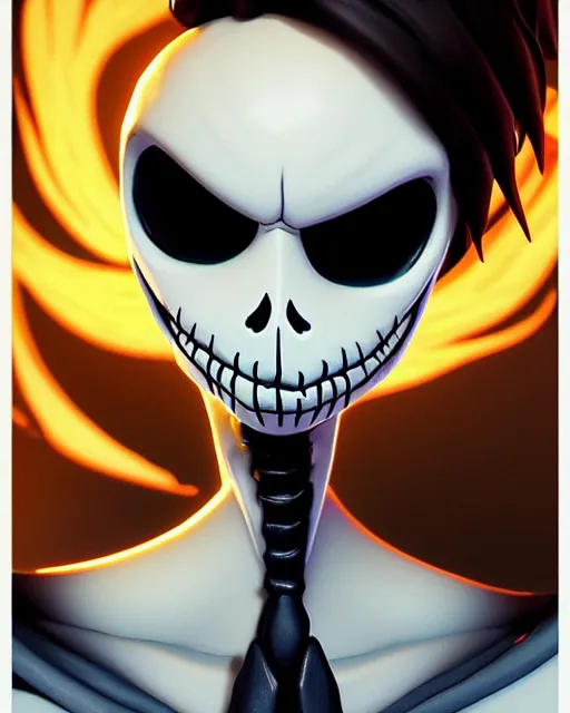 Image similar to jack skellington, detailed perfect face, exquisite details, fire magic, mid view, design on a white background, by studio muti, greg rutkowski makoto shinkai takashi takeuchi studio ghibli