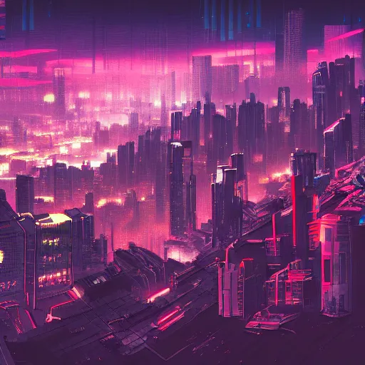 Prompt: city in the style of cyberpunk ontop of a mountain, space sky, anime illustration,