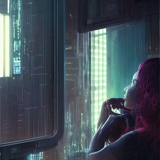 Image similar to portrait of cyberpunk woman looking out of a window, cyberpunk setting, futuristic, highly detailed, intricate lighting, digital painting, sharp focus, illustration, trending on artstation, art by anna dittmann.