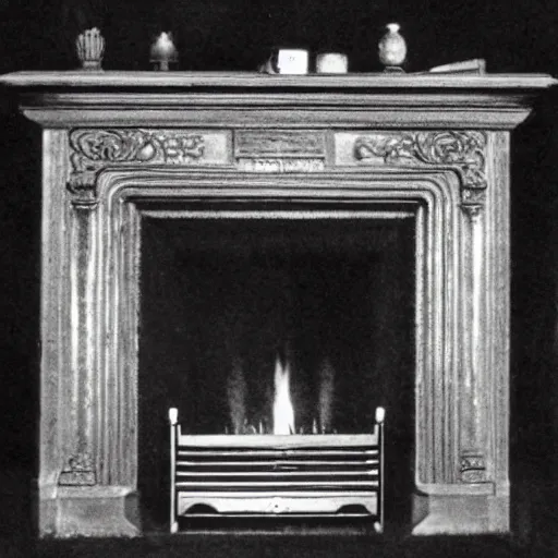 Prompt: grainy 1800s photo of an ornate fireplace that is generating atomic energy