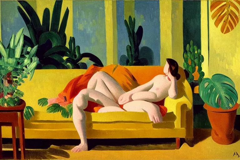 Prompt: A cozy, warm living room, bathed in golden light, with many tropical plants and succulents, a figure rests on an old couch, highly relaxed, sunday afternoon, living the good life, at peace, golden ratio, fauvisme, art du XIXe siècle, figurative oil on canvas by André Derain, Albert Marquet, Auguste Herbin, Louis Valtat, Musée d'Orsay catalogue