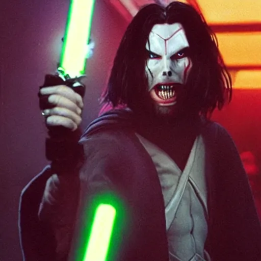 Image similar to morbius with a lightsaber in his hands