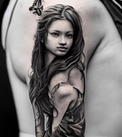 Image similar to a beautiful girl portrait at amazing nature and mountains, realism tattoo, in the style of den yakovlev, black and white, hyper realistic, highly detailed