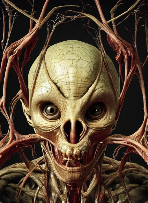 Prompt: alien head with translucent skin, visible muscles and veins and arteries and bones and spines and nerves, beautiful detailed intricate insanely detailed octane render, 8k artistic photography, photorealistic, chiaroscuro, by David Cronenberg, Raphael, Caravaggio