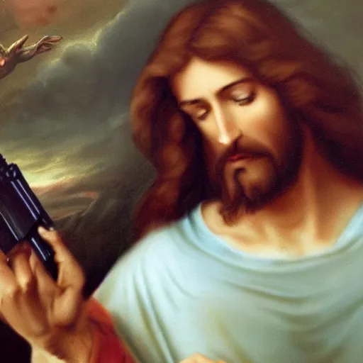 Image similar to jesus with guns killing demons