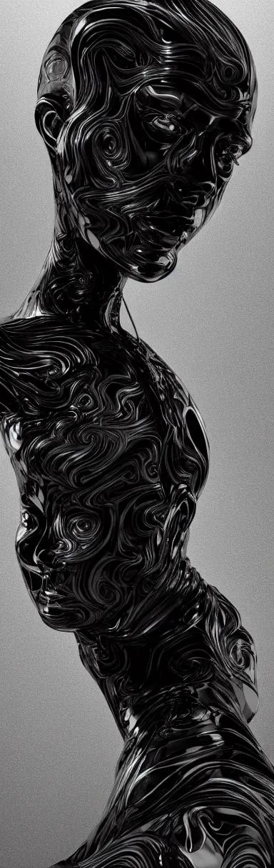 Prompt: epic sketch, digital abstract sculpt of beautiful female face body and black swirling latex acrylic portrait, black latex sculpt, minimalism, mechanical superstructure, sacred geometry, 8 k, cinematic, magic hour, beautiful light, sculpture of carving marble, dark colors, filigree ornaments, one point light, clockwork, epic matte painting, concept art, bokeh, digital painting