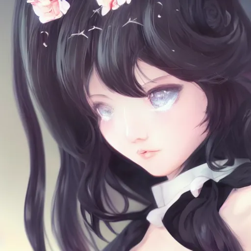 Image similar to realistic beautiful gorgeous natural cute fantasy girl black hair cute black cat ears in maid dress outfit beautiful eyes art drawn full HD 4K highest quality in artstyle by professional artists WLOP, Taejune Kim, JeonSeok Lee, ArtGerm, Ross draws, Zeronis, Chengwei Pan on Artstation