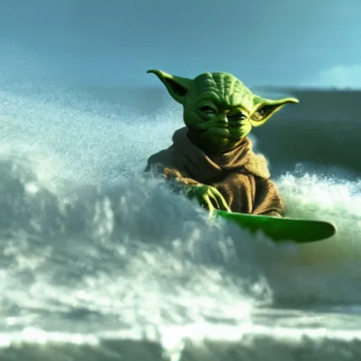 Image similar to stunning awe inspiring yoda surfing, movie still 8 k hdr atmospheric lighting