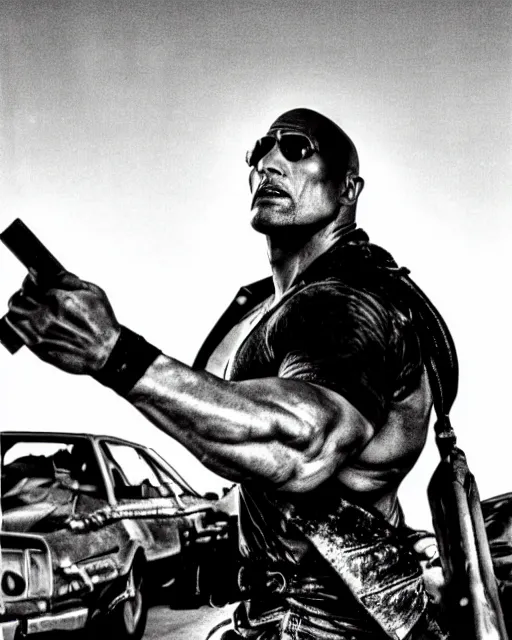 Image similar to film still close up shot of dwayne johnson in the movie mad max 2 the road warrior. photographic, photography