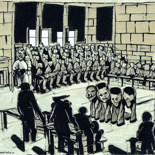 Prompt: shrek at nuremberg trials. court painting