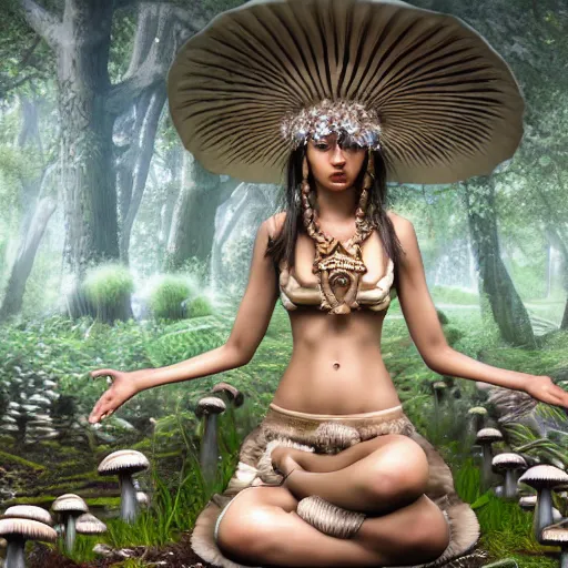 Image similar to mushroom goddess with extremely elegant headdress with group of elders in a ceremony for plant medicine, beautiful, marvelous designer, cloth physics, mocap, deviantart, masamune shirow, alex grey, black and white, beautiful lighting, photorealistic, concept art, perfect render, 3 d render, unreal engine, 8 k