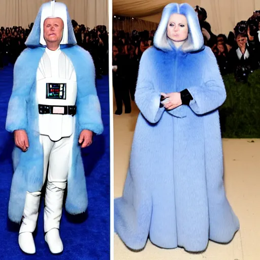 Prompt: White Darth Vader wearing a blue fur coat at Met Gala 2017