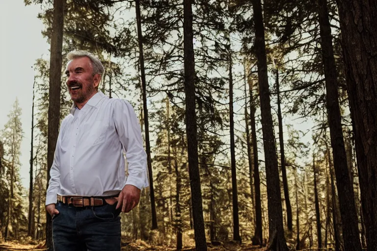 Prompt: a cinematic portrait of a middle aged man with golden teeth, forest background, wearing a white rugged shirt, dramatic lighting, back light, hair light, rim light, 4 k, ultra realistic, by clemens ascher