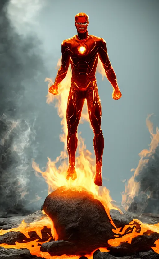 Prompt: human torch, highly detailed, standing, flames around body, facing forward, smooth, sharp focus, 3D render, Octane render + unreal render, high definition, 8k, volumetric lighting