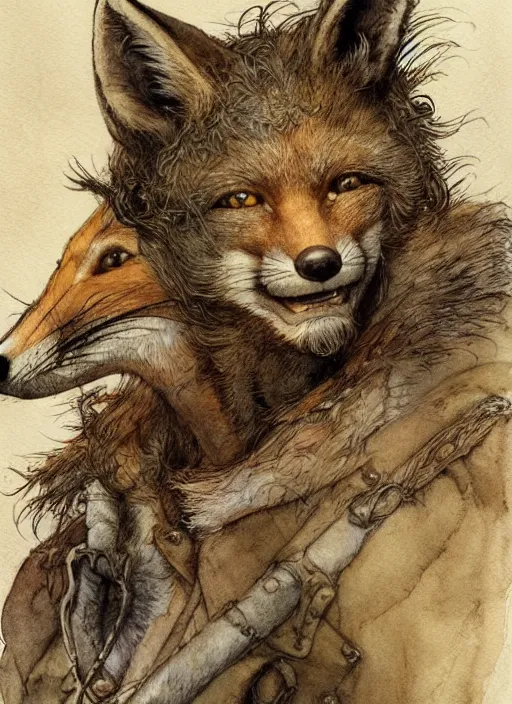 Image similar to portrait of a fox - faced ranger, human features, dnd, gwelf, highly detailed, perfect lighting, watercolor and ink illustration, muted colors. perfect composition, 4 k, by brian froud, larry macdougall, jean - baptiste monge, arthur rackham