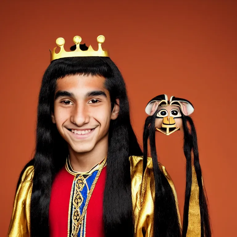 Prompt: A photo of Emperor Kuzco!!!!!!!!!!!!!!!! in his 13s, peruvian young looking, with his long black hair, beardless, smiling with confidence, and wearing!!! his emperor clothes. Portrait by Terry Richardson. Golden hour. 8K. UHD. Bokeh.