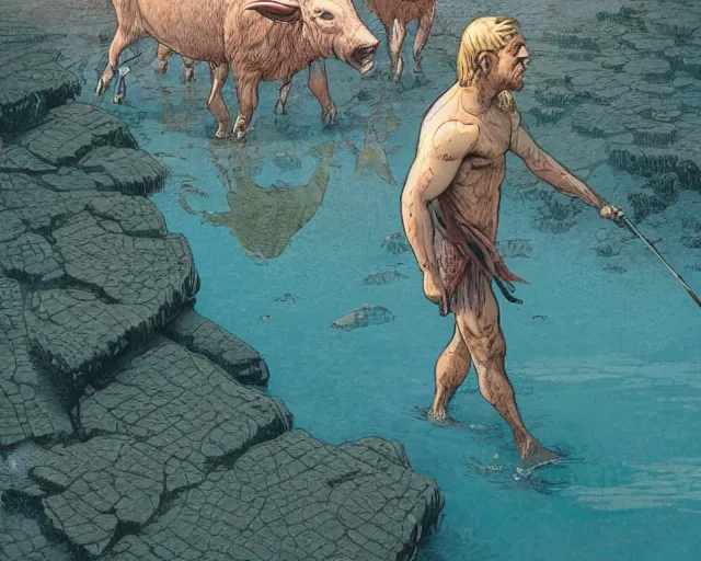 Image similar to a minotaur walking in shallow water, digital art, illustrated by james gurney and victo ngai