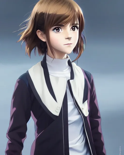 Image similar to Anime as Emma Watson playing Hermione Granger. Cute fine face. Pretty face. Cute smile. Realistic shaded. Perfect face. Fine details. Anime. Realistic shaded lighting. Ilya Kuvshinov. Katsuhiro Otomo. Ghost in the shell. Magali Villeneuve. artgerm. Jeremy Lipkin. Michael Garmash. Rob Rey,