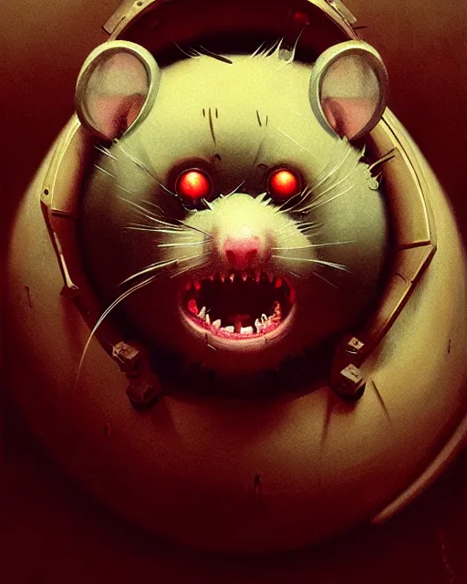 Image similar to wrecking ball the hamster from overwatch, character portrait, portrait, close up, concept art, intricate details, highly detailed, horror poster, horror, vintage horror art, realistic, terrifying, in the style of michael whelan, beksinski, and gustave dore