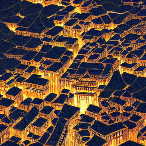 Image similar to A beautiful painting of the Ancient city in China at night by Victo Ngai, Hyakki Yako, effect, unreal engine, Trending on artstation，super wide view、Overhead view