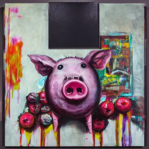 Prompt: “a portrait in an art student’s apartment, a giant weedy pig, skyscraper, pork, central pork, white wax, squashed berries, acrylic and spray paint and oilstick on canvas, surrealism, neoexpressionism”