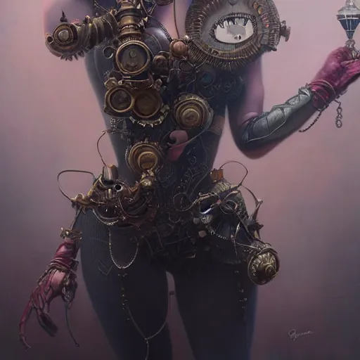 Image similar to by tom bagshaw, ultra realist vivid soft painting of a carnival of curiosities, single curvy flirt etheral young steampunk female with magnificent eyes in a full ornated armor, gears, cables, led, flying machinery, partial symmetry accurate features, very intricate details, focus, award winning, ultra dense fog