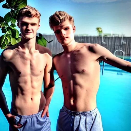 Image similar to a realistic detailed photo of a guy who is an attractive humanoid who is half robot and half humanoid, who is a male android, soccer players martin ødegaard & timo werner, shiny skin, posing like a statue, blank stare, by the pool, on display, showing off his muscles