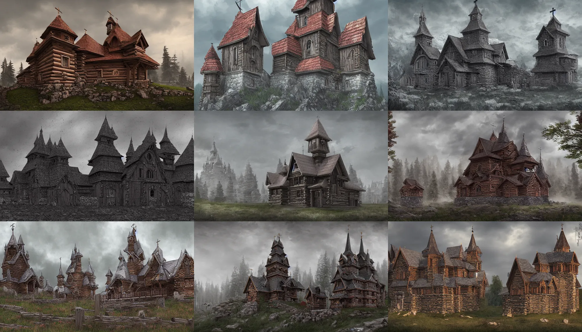 Prompt: slavic tall castle enclosed palisaded, with wooden churches, log houses, built on hills, gray skies, hyper - detailed, artstation, cgsociety, 8 k